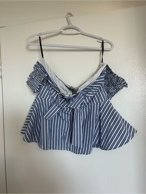 bebe Blue and White Striped Off-Shoulder Tie-Front Top